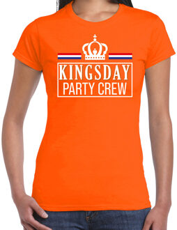 Bellatio Decorations Kingsday party crew t-shirt oranje met witte letters voor dames - Koningsdag shirts XS