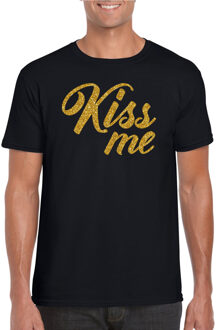 Bellatio Decorations Kiss me goud tekst t-shirt zwart heren kus me - Glitter en Glamour goud party kleding shirt 2XL