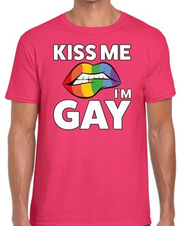 Bellatio Decorations Kiss me i am gay t-shirt roze voor heren L