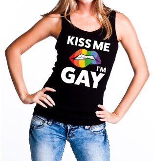 Bellatio Decorations Kiss me i am gay tanktop / mouwloos shirt zwart voor dames L