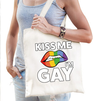 Bellatio Decorations Kiss me Im gay regenboog katoenen tas wit - Feest Boodschappentassen