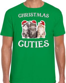 Bellatio Decorations Kitten Kerstshirt / Kerst t-shirt Christmas cuties groen voor heren - Kerstkleding / Christmas outfit XS