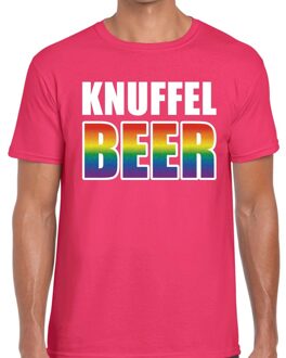 Bellatio Decorations Knuffel beer gay pride t-shirt roze voor heren 2XL