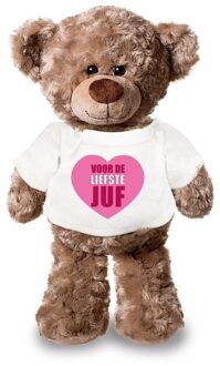 Bellatio Decorations Knuffel teddybeer Liefste Juf wit shirt 24 cm - Knuffelberen