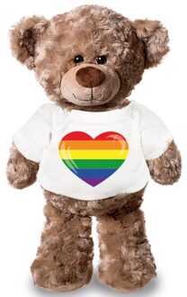 Bellatio Decorations Knuffel teddybeer met Gaypride vlag hart t-shirt 24 cm - Knuffelberen Bruin