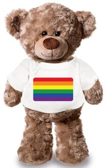 Bellatio Decorations Knuffel teddybeer met Gaypride vlag t-shirt 43 cm - Knuffelberen Bruin