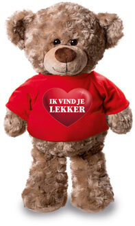 Bellatio Decorations Knuffel teddybeer met ik vind je lekker hartje shirt rood 24 cm - Knuffelberen Bruin