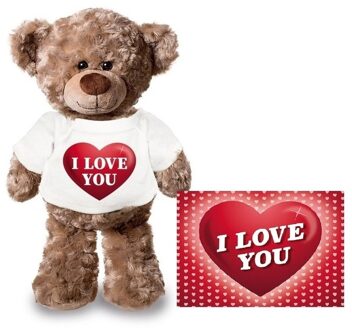 Bellatio Decorations Knuffel teddybeer - met kaart A5 - i love you - 24 cm - pluche - met shirt