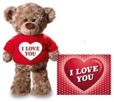 Bellatio Decorations Knuffel teddybeer - met kaart A5 - i love you - 24 cm - pluche - met shirt
