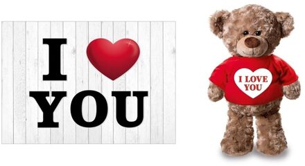 Bellatio Decorations Knuffelbeer en kaart A5 - i love you - pluche - 24 cm