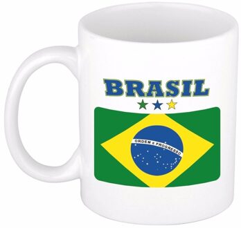 Bellatio Decorations Koffie mok - Brazilie - vlag print - 300 ml - wit - keramiek - Supporters - Landen - Beker Multi
