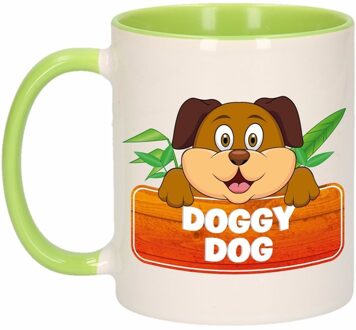 Bellatio Decorations Koffie mok - Doggy Dog hondenprint - groen wit - 300 ml - keramiek - kinder mok