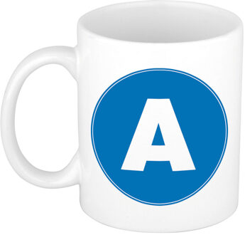 Bellatio Decorations Koffie mok met de letter A - beker - blauw - eerste letter van een voornaam - wit - 300 ml