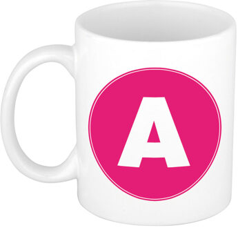 Bellatio Decorations Koffie mok met de letter A - beker - roze - eerste letter van een voornaam - wit - 300 ml