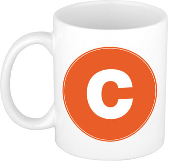 Bellatio Decorations Koffie mok met de letter C - beker - oranje - eerste letter van een voornaam - wit - 300 ml
