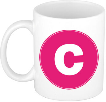Bellatio Decorations Koffie mok met de letter C - beker - roze - eerste letter van een voornaam - wit - 300 ml