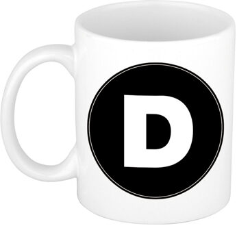 Bellatio Decorations Koffie mok met de letter D - beker - zwart - eerste letter van een voornaam - wit - 300 ml