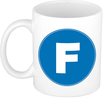 Bellatio Decorations Koffie mok met de letter F - beker - blauw - eerste letter van een voornaam - wit - 300 ml