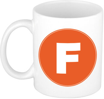 Bellatio Decorations Koffie mok met de letter F - beker - oranje - eerste letter van een voornaam - wit - 300 ml