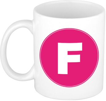 Bellatio Decorations Koffie mok met de letter F - beker - roze - eerste letter van een voornaam - wit - 300 ml