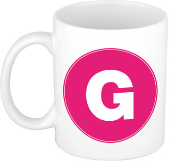 Bellatio Decorations Koffie mok met de letter G - beker - roze - eerste letter van een voornaam - wit - 300 ml