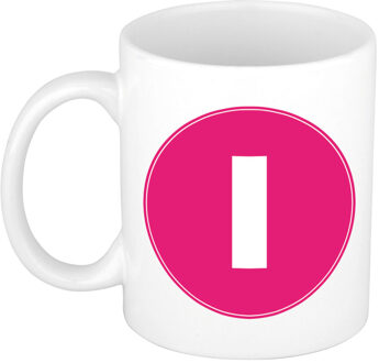 Bellatio Decorations Koffie mok met de letter I - beker - roze - eerste letter van een voornaam - wit - 300 ml