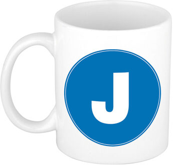 Bellatio Decorations Koffie mok met de letter J - beker - blauw - eerste letter van een voornaam - wit - 300 ml