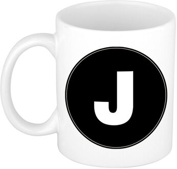 Bellatio Decorations Koffie mok met de letter J - beker - zwart - eerste letter van een voornaam - wit - 300 ml
