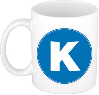 Bellatio Decorations Koffie mok met de letter K - beker - blauw - eerste letter van een voornaam - wit - 300 ml