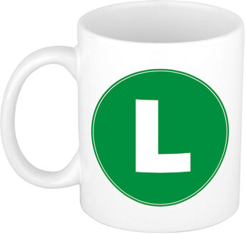 Bellatio Decorations Koffie mok met de letter L - beker - groen - eerste letter van een voornaam - wit - 300 ml