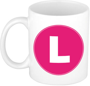 Bellatio Decorations Koffie mok met de letter L - beker - roze - eerste letter van een voornaam - wit - 300 ml