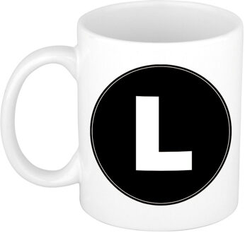 Bellatio Decorations Koffie mok met de letter L - beker - zwart - eerste letter van een voornaam - wit - 300 ml