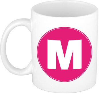 Bellatio Decorations Koffie mok met de letter M - beker - roze - eerste letter van een voornaam - wit - 300 ml