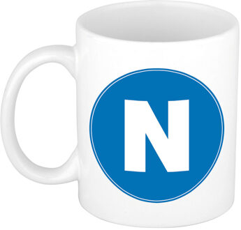 Bellatio Decorations Koffie mok met de letter N - beker - blauw - eerste letter van een voornaam - wit - 300 ml