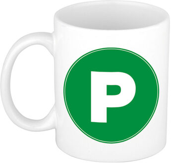 Bellatio Decorations Koffie mok met de letter P - beker - groen - eerste letter van een voornaam - wit - 300 ml