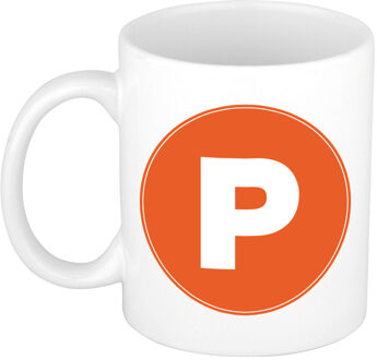 Bellatio Decorations Koffie mok met de letter P - beker - oranje - eerste letter van een voornaam - wit - 300 ml