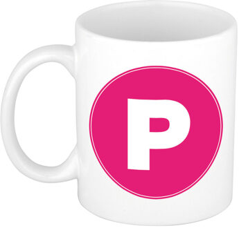 Bellatio Decorations Koffie mok met de letter P - beker - roze - eerste letter van een voornaam - wit - 300 ml