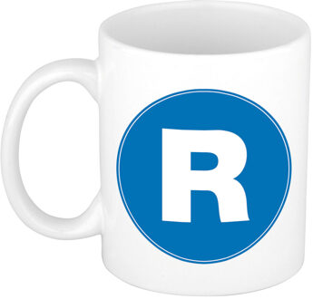 Bellatio Decorations Koffie mok met de letter R - beker - blauw - eerste letter van een voornaam - wit - 300 ml