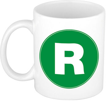 Bellatio Decorations Koffie mok met de letter R - beker - groen - eerste letter van een voornaam - wit - 300 ml