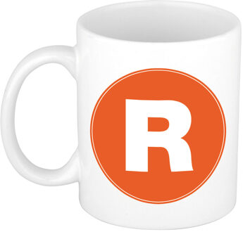 Bellatio Decorations Koffie mok met de letter R - beker - oranje - eerste letter van een voornaam - wit - 300 ml