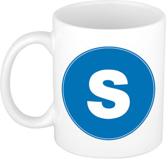 Bellatio Decorations Koffie mok met de letter S - beker - blauw - eerste letter van een voornaam - wit - 300 ml