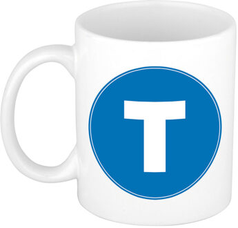Bellatio Decorations Koffie mok met de letter T - beker - blauw - eerste letter van een voornaam - wit - 300 ml