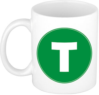 Bellatio Decorations Koffie mok met de letter T - beker - groen - eerste letter van een voornaam - wit - 300 ml