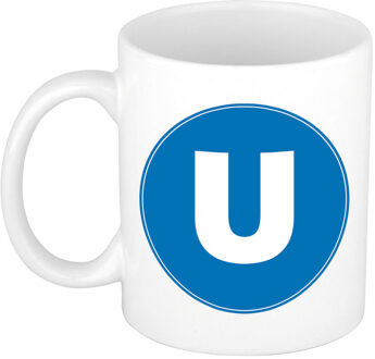 Bellatio Decorations Koffie mok met de letter U - beker - blauw - eerste letter van een voornaam - wit - 300 ml