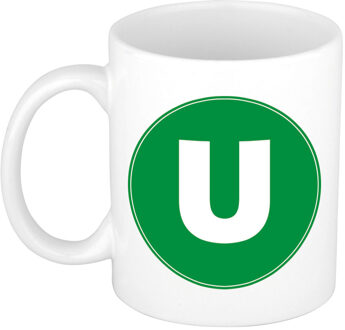 Bellatio Decorations Koffie mok met de letter U - beker - groen - eerste letter van een voornaam - wit - 300 ml