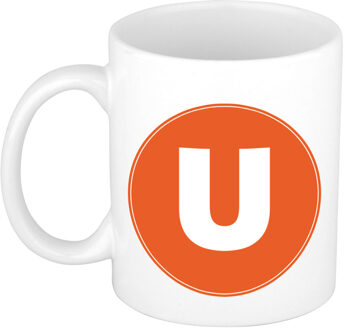 Bellatio Decorations Koffie mok met de letter U - beker - oranje - eerste letter van een voornaam - wit - 300 ml