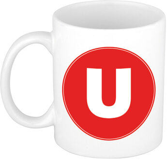 Bellatio Decorations Koffie mok met de letter U - beker - rood - eerste letter van een voornaam - wit - 300 ml
