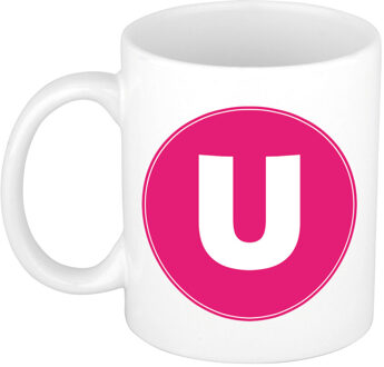 Bellatio Decorations Koffie mok met de letter U - beker - roze - eerste letter van een voornaam - wit - 300 ml