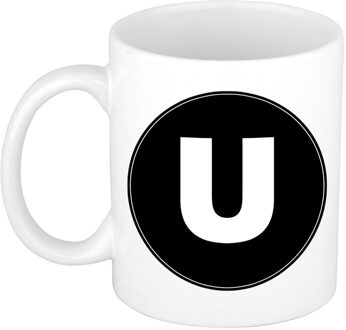 Bellatio Decorations Koffie mok met de letter U - beker - zwart - eerste letter van een voornaam - wit - 300 ml