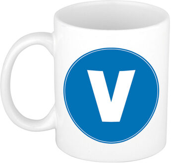 Bellatio Decorations Koffie mok met de letter V - beker - blauw - eerste letter van een voornaam - wit - 300 ml